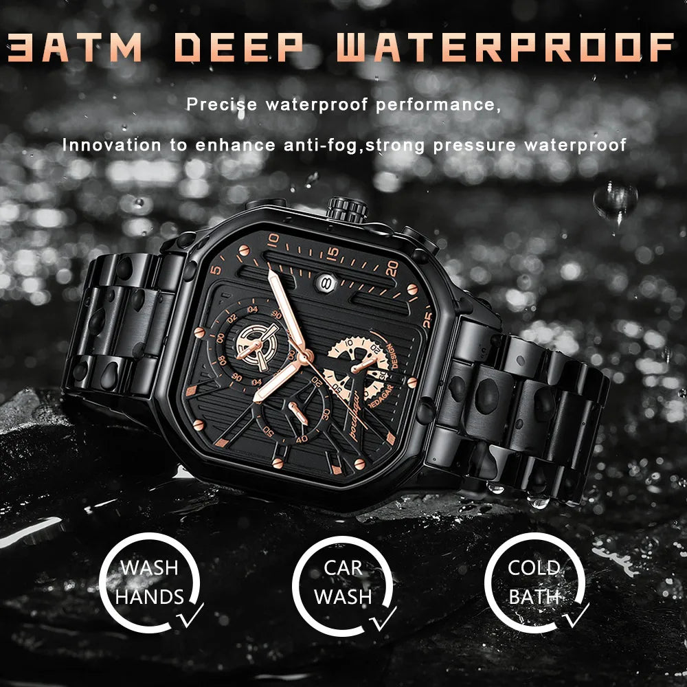 POEDAGAR Luxury Casual Male Watch Fashion Chronograph Stainless Steel Waterproof Luminous Date Military Men's Wristwatches Gifts