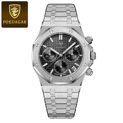 POEDAGAR Original Luxury Men's Watches Date Chronograph Stainless Steel Quartz Watch Waterproof Luminous Fashion Man Wristwatch